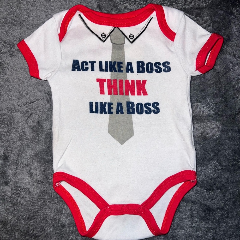 Mon Cheri White Onesie with Red Trim and Tie Graphic